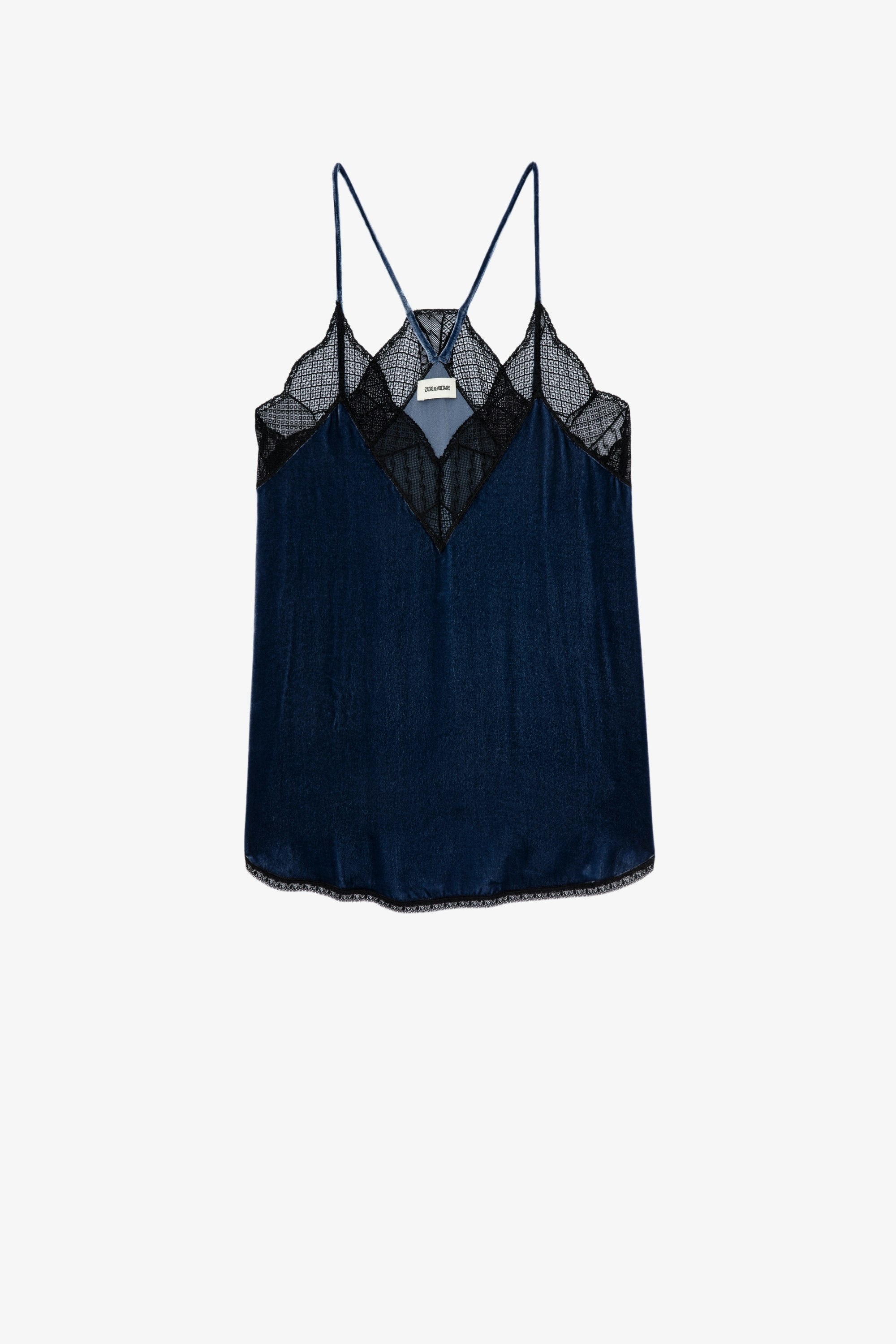 Christy Camisole Women’s blue velvet camisole with lace trim 