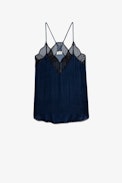 Top lencero de terciopelo Christy - Top lencero de terciopelo azul con bordes de encaje para mujer