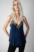 Top lencero de terciopelo Christy - Top lencero de terciopelo azul con bordes de encaje para mujer