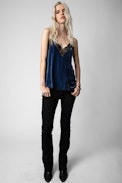 Top lencero de terciopelo Christy - Top lencero de terciopelo azul con bordes de encaje para mujer