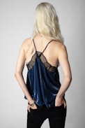 Top lencero de terciopelo Christy - Top lencero de terciopelo azul con bordes de encaje para mujer