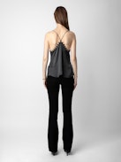 Canottiera Chrisa Raso - Canottiera in stile lingerie in raso antracite con spalline sottili e scollo in pizzo.