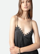 Canottiera Chrisa Raso - Canottiera in stile lingerie in raso antracite con spalline sottili e scollo in pizzo.