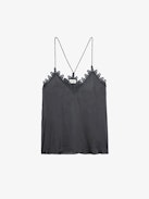 Chrisa Satin Camisole - Anthracite satin lingerie-style camisole with thin straps and lace-trimmed neckline.