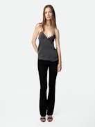 Canottiera Chrisa Raso - Canottiera in stile lingerie in raso antracite con spalline sottili e scollo in pizzo.