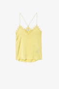 Chrisa Satin Camisole - Women's yellow satin camisole embellished with floral lace.