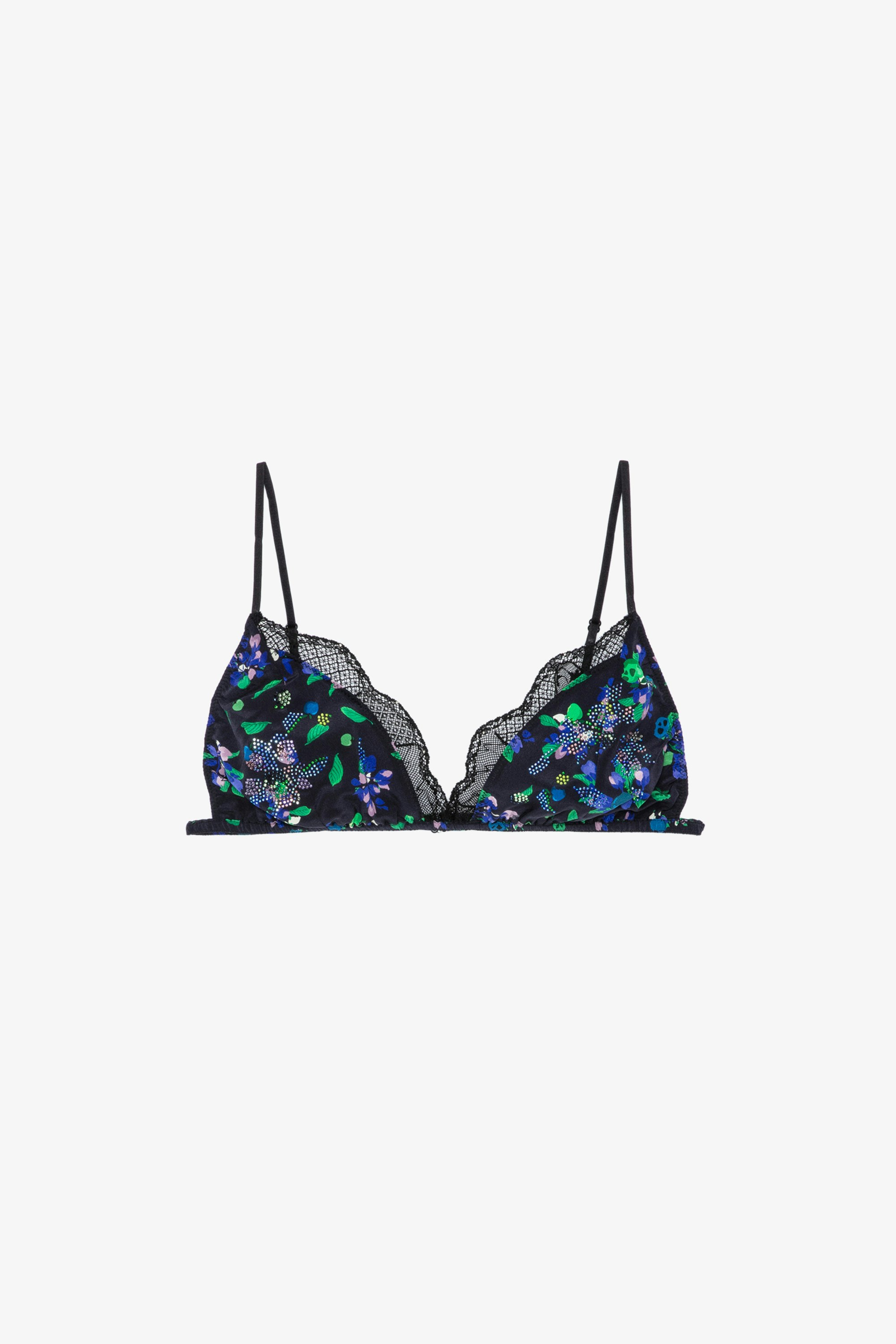 Bianca Silk Bra Women’s black silk triangle bra with floral motifs, crystals and lace