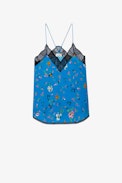 Christy Camisole - Women’s Azur blue floral camisole with lace neckline