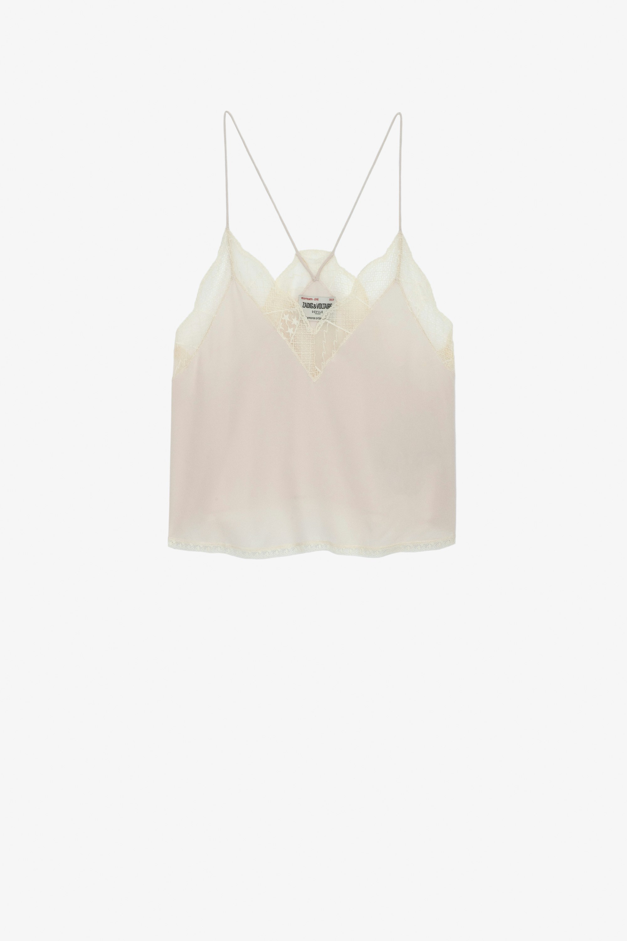 Christy Silk Cropped Camisole Women's off-white silk crop top camisole with lace neckline