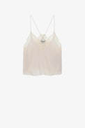 Canotta Christy Crop in seta - Canotta crop top in seta ecru con scollo in pizzo - Donna