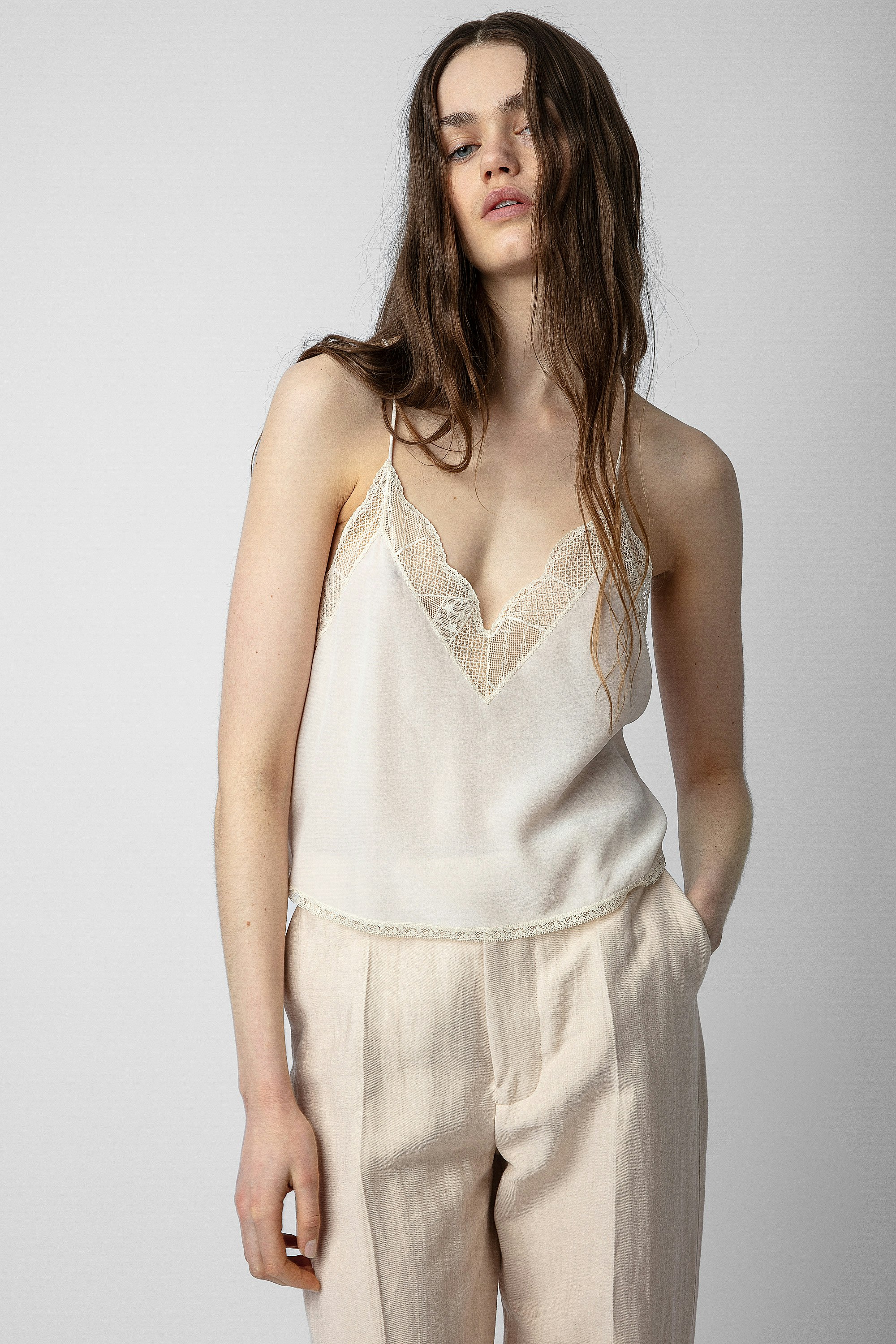 Christy Silk Cropped Camisole - Women's off-white silk crop top camisole with lace neckline