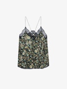 Christy Diamanté Silk Camisole - Black floral-print silk camisole, diamanté and lace neckline.