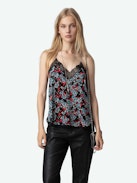Christy Silk Camisole - Women’s black floral-print silk camisole with lace neckline.
