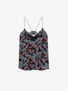 Christy Thunder Silk Camisole - Women’s black floral-print silk camisole with lace neckline.