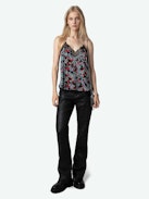 Christy Silk Camisole - Women’s black floral-print silk camisole with lace neckline.