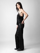 Capela Camisole 100% Silk - Women’s black silk lingerie-style camisole with jacquard stars, diamanté, a bow and lace-trimmed neckline.
