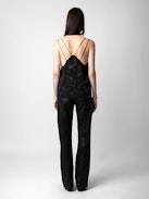 Capela Camisole 100% Silk - Women’s black silk lingerie-style camisole with jacquard stars, diamanté, a bow and lace-trimmed neckline.
