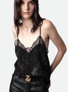 Capela Camisole 100% Silk - Women’s black silk lingerie-style camisole with jacquard stars, diamanté, a bow and lace-trimmed neckline.