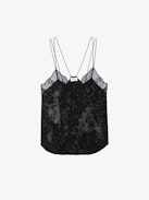 Capela Camisole 100% Silk - Women’s black silk lingerie-style camisole with jacquard stars, diamanté, a bow and lace-trimmed neckline.