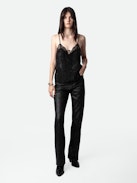 Capela Camisole 100% Silk - Women’s black silk lingerie-style camisole with jacquard stars, diamanté, a bow and lace-trimmed neckline.