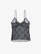 Lyzig Camisole - Black sheer lingerie-style camisole with thin adjustable straps embellished with floral embroidery.
