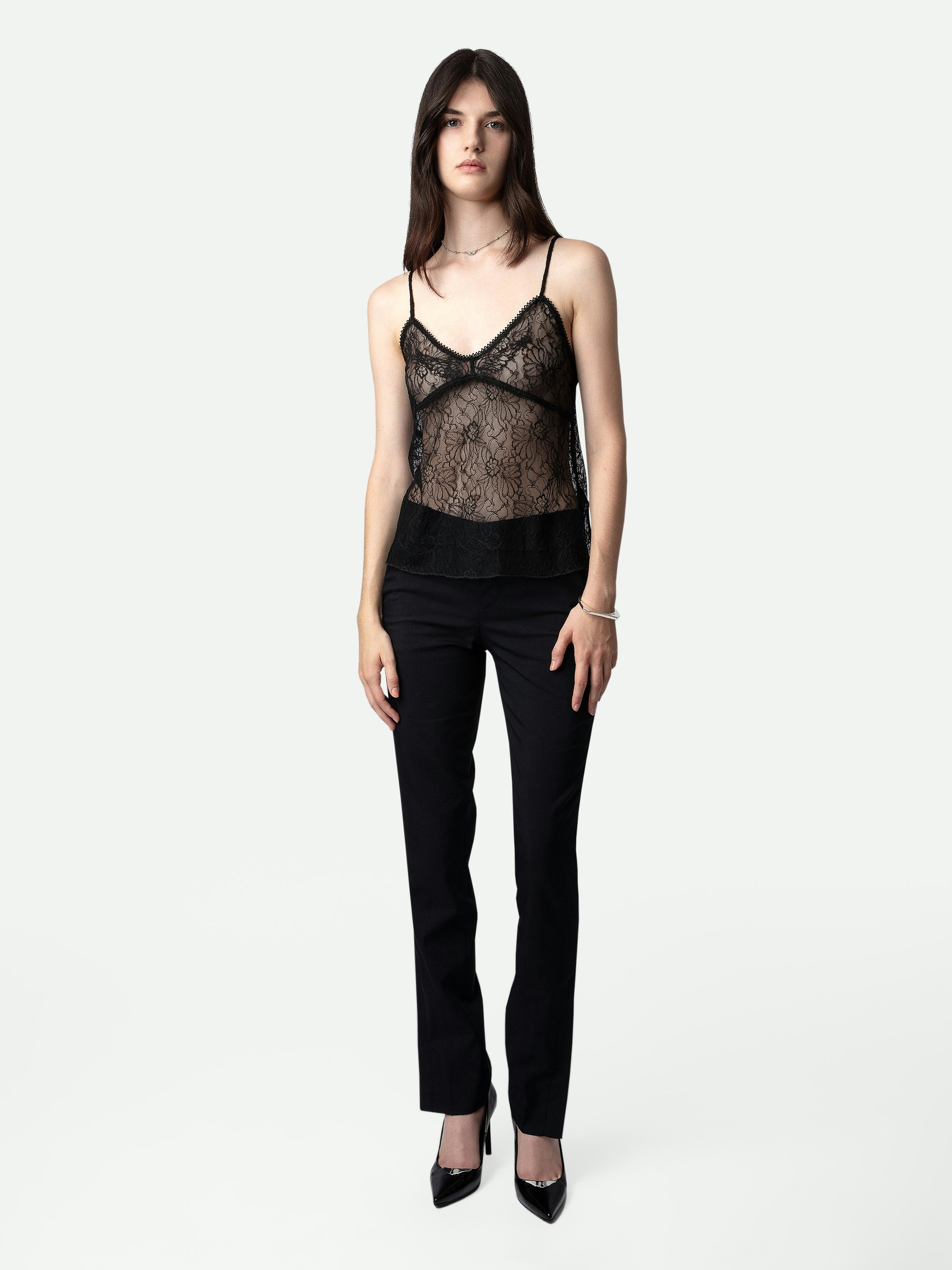 Lyzig Camisole - Black sheer lingerie-style camisole with thin adjustable straps embellished with floral embroidery.