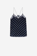 Christy Polka Wings Camisole - Marine blue silk camisole with embellished wings motif and lace trim