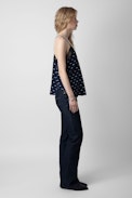 Christy Polka Wings Camisole - Marine blue silk camisole with embellished wings motif and lace trim