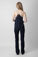 Christy Polka Wings Camisole - Marine blue silk camisole with embellished wings motif and lace trim