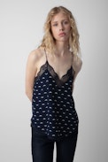 Christy Polka Wings Camisole - Marine blue silk camisole with embellished wings motif and lace trim