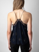 Christy Diamanté Silk Camisole - Navy blue silk camisole with thin straps, diamanté-embellished motifs and lace-trimmed neckline.