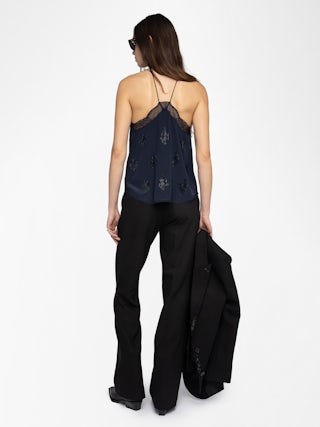 Christy Diamanté Silk Camisole - Navy blue silk camisole with thin straps, diamanté-embellished motifs and lace-trimmed neckline.