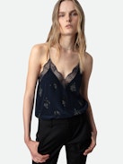 Christy Diamanté Silk Camisole - Navy blue silk camisole with thin straps, diamanté-embellished motifs and lace-trimmed neckline.