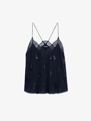 Christy Diamanté Silk Camisole - Navy blue silk camisole with thin straps, diamanté-embellished motifs and lace-trimmed neckline.