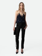 Christy Diamanté Silk Camisole - Navy blue silk camisole with thin straps, diamanté-embellished motifs and lace-trimmed neckline.