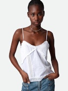 Calixia Camisole - White cotton lingerie-style camisole with straps and lace bands.