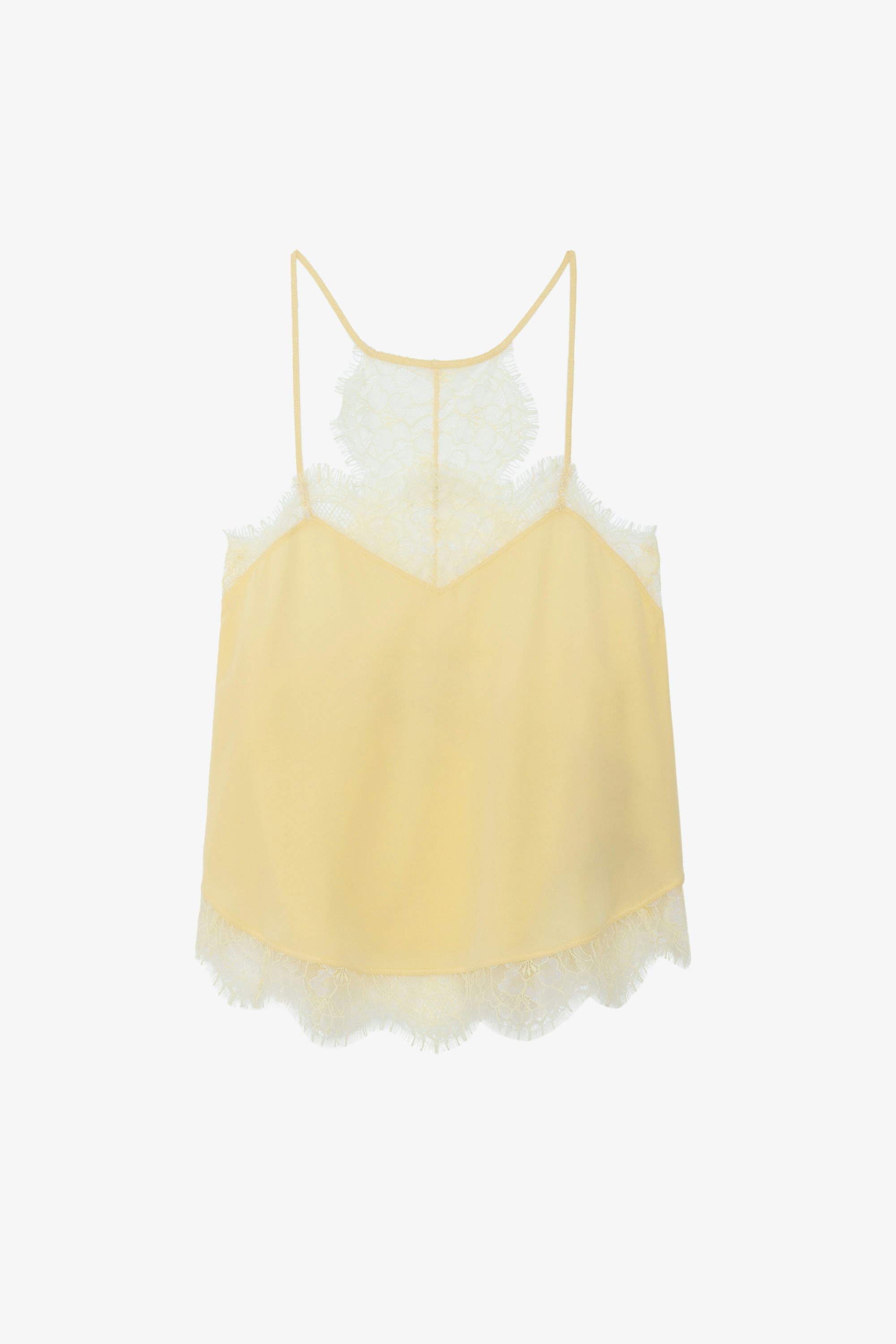 Claudy Silk Camisole - Light yellow silk camisole with thin straps and lace trim.