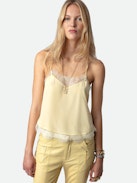 Claudy Silk Camisole - Light yellow silk camisole with thin straps and lace trim.
