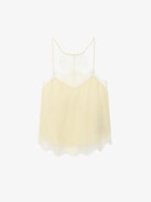 Claudy Silk Camisole - Light yellow silk camisole with thin straps and lace trim.