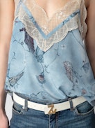 Christo Silk Camisole - Blue silk lingerie-style camisole with print and lace-trimmed neckline.