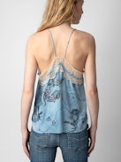 Christo Silk Camisole - Blue silk lingerie-style camisole with print and lace-trimmed neckline.
