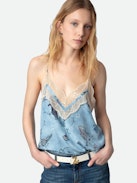 Christo Silk Camisole - Blue silk lingerie-style camisole with print and lace-trimmed neckline.