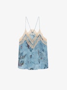 Christo Silk Camisole - Blue silk lingerie-style camisole with print and lace-trimmed neckline.