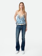 Christo Silk Camisole - Blue silk lingerie-style camisole with print and lace-trimmed neckline.