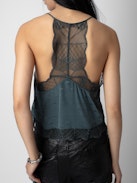 Claudy Silk Jacquard Camisole - Grey silk cropped lingerie-style camisole with jacquard wings.