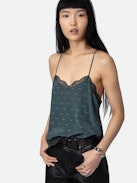Claudy Silk Jacquard Camisole - Grey silk cropped lingerie-style camisole with jacquard wings.