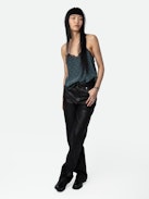 Claudy Silk Jacquard Camisole - Grey silk cropped lingerie-style camisole with jacquard wings.