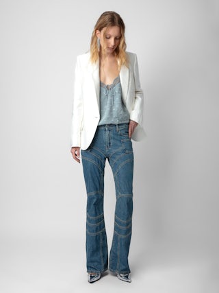 Caraco Capela Soie Jacquard - Caraco esprit lingerie en soie bleue claire à jacquard ailes, strass, dentelle et liens à nouer.