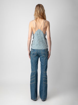 Caraco Capela Soie Jacquard - Caraco esprit lingerie en soie bleue claire à jacquard ailes, strass, dentelle et liens à nouer.