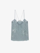 Trägertop Capela Strass Seide Jacquard - Trägertop im Lingerie-Stil aus Seide in Hellblau mit Jacquard-Flügeln, Strass, Spitze und Bindebändern.